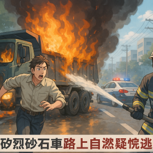 桃園砂石車路上自燃 司機驚險逃生